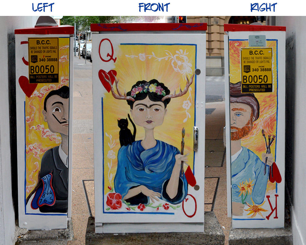 Salvador Dali, Frida Kahlo and Vincent Van Gogh Traffic Box Artwork by Cork & Chroma Brisbane
