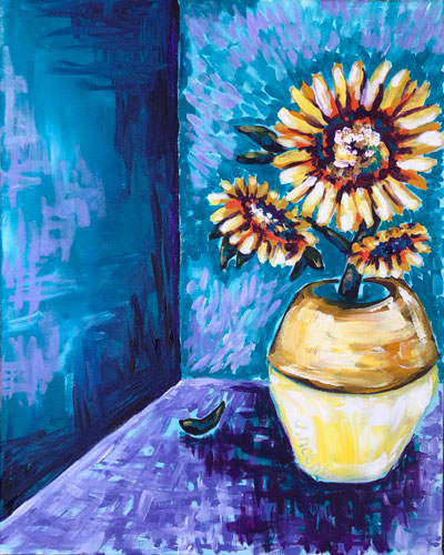 Cork & Chroma painting Sunflowers inspired by Vincent Van Gogh