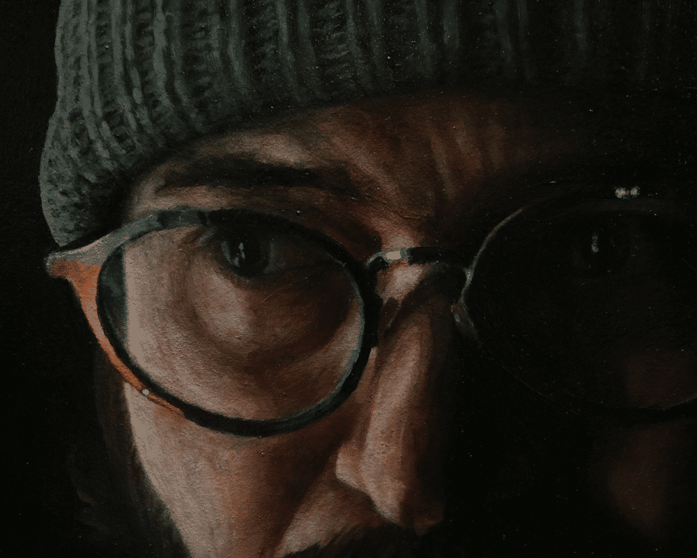 Close up of Adam Southgate's self-portrait, Awake Elsewhere