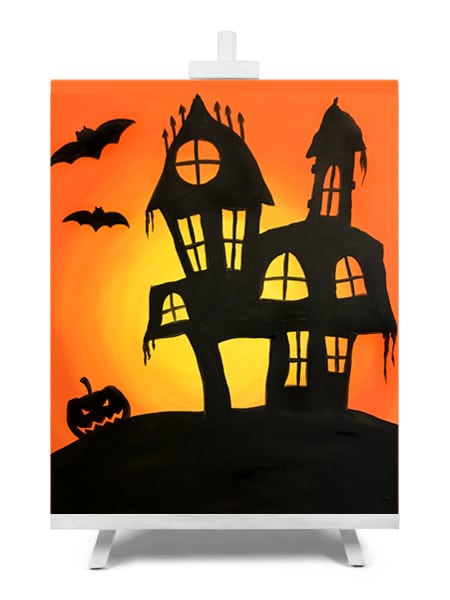 'Haunted House' Halloween paint and sip painting by Cork & Chroma