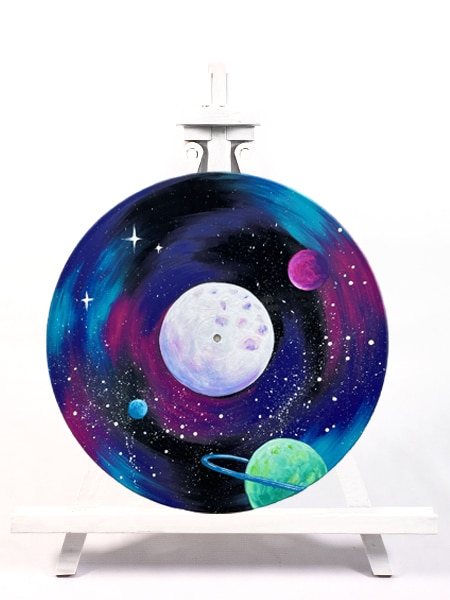 'Galactic Groove' vinyl record painting by Cork & Chroma paint and sip studios
