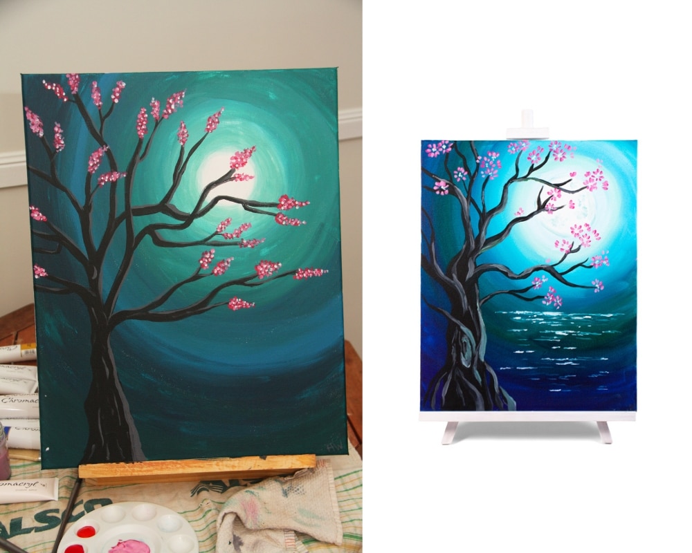 A comparison of Hillary Wall's first 'Moonly Blossoms' painting for Cork & Chroma and today's rendition.