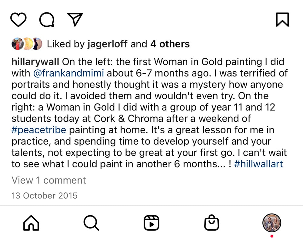 Instagram caption by Hillary Wall on painting at Cork & Chroma