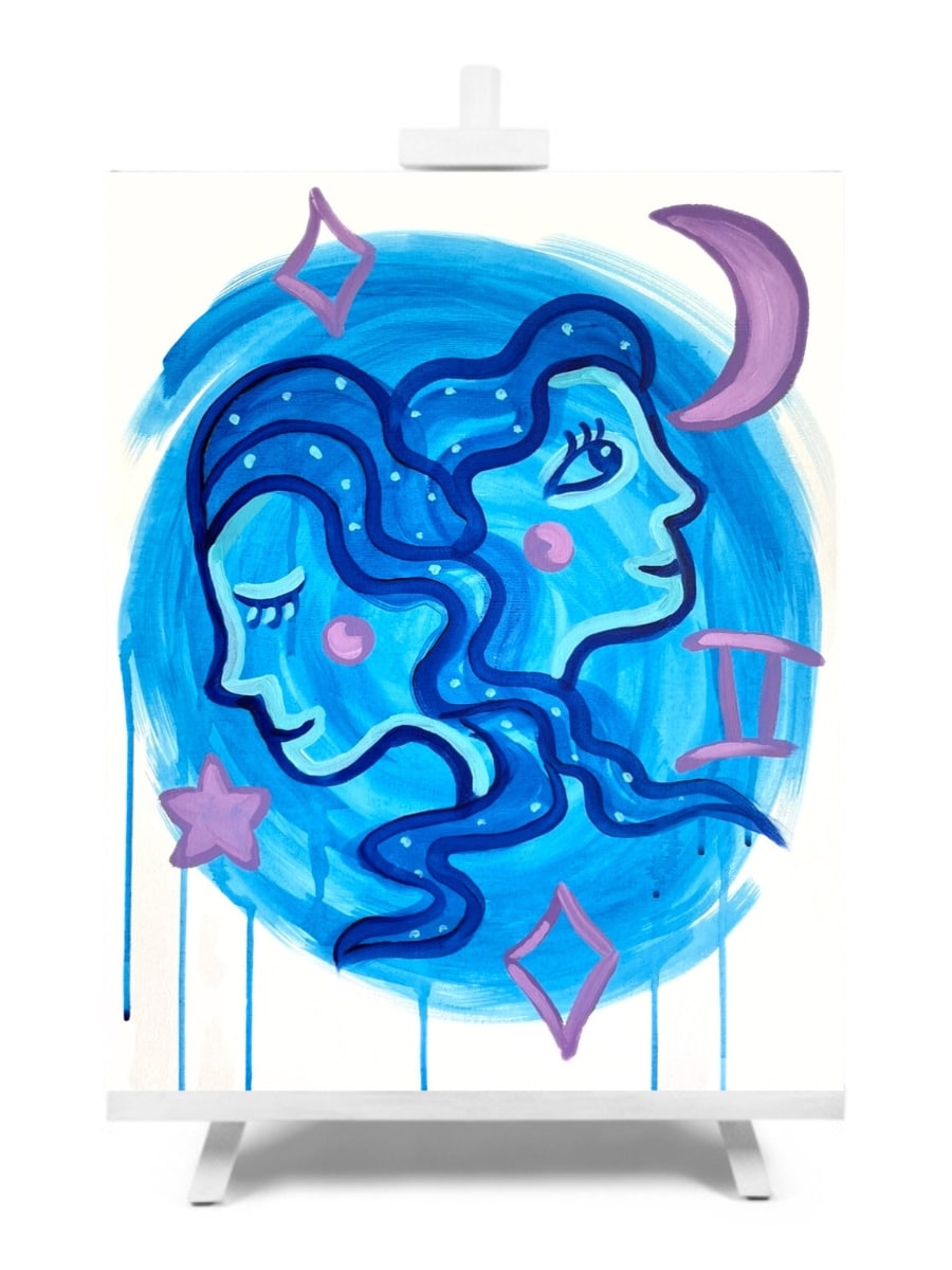 'Gemini' Star Sign painting by Cork & Chroma paint and sip studio.